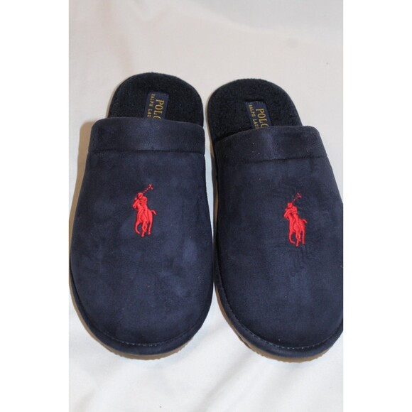 NIB POLO RALPH LAUREN MEN'S SLIP ON LOGO SCUFF HORSE SLIPPERS NAVY BLUE SZ 9 - Picture 3 of 5